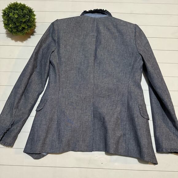 J‎ Crew Regent Ruffle Chambray Denim Blazer Jacket Women’s Size 00 - Picture 3 of 5